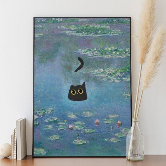Monet Water Lilies Black Cat Print - Picture 1 of 4